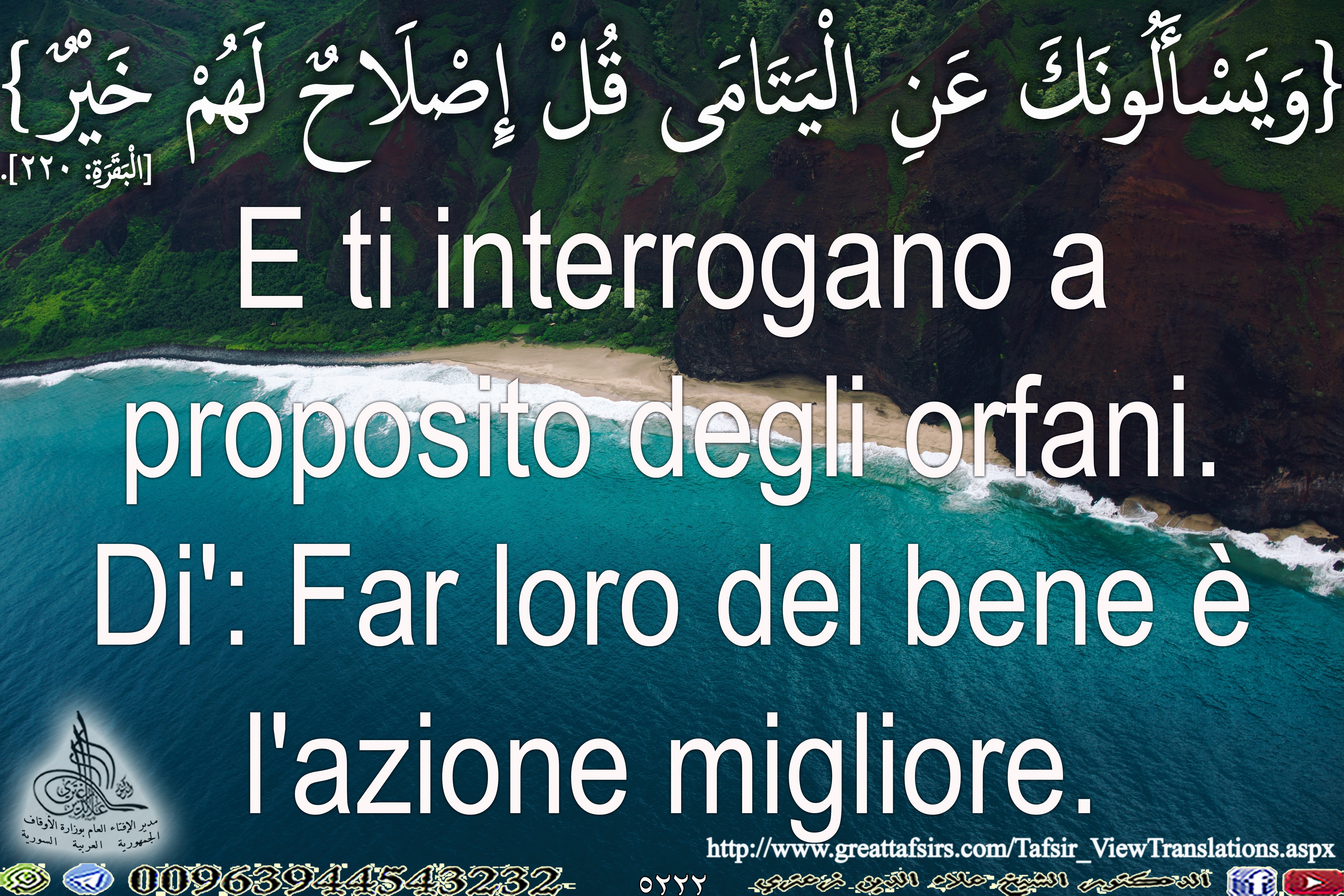 {وَيَسْأَلُونَكَ عَنِ الْيَتَامَى قُلْ إِصْلَاحٌ لَهُمْ خَيْرٌ} [البقرة 220]. باللغة افيطالية.